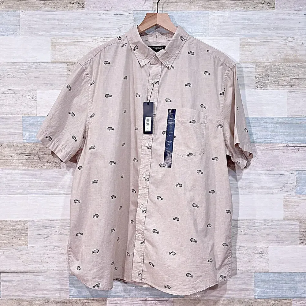 Banana Republic Slim Fit Jeep Print Shirt Beige Cotton Lawn Casual Mens XL